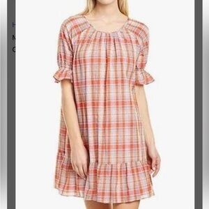 Madewell Pink Orange Gray Plaid Ruffle-Sleeve Popover Mini Dress